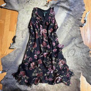 Y2k Ralph Lauren whimsygoth ethereal black and purple floral print ruffle dress